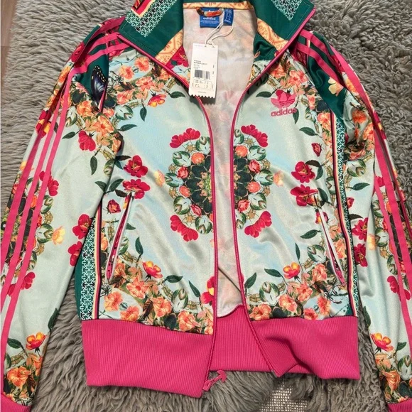 New With Tags : Adidas Women's Floral Bomber Jacket - Pink and Green - Picture 1 of 3